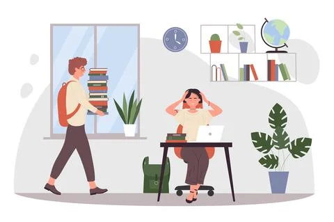 Student people study at home together, cartoon boy holding books, girl sitting Stock Illustration