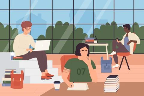 Student people study in modern open space hall interior of library, college or Stock Illustration