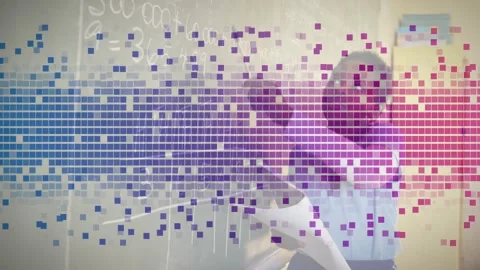 Student picking chalk, solving math on board, stepping back crossing arms, pixel Stock Footage 319572744