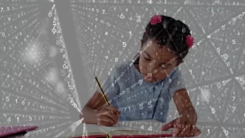 Student picking up pencil solving math problems, pausing to tuck hair clip under Stock Footage 312466874