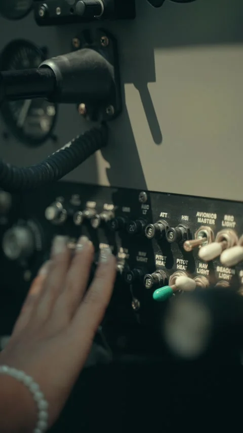 Student Pilot Checking Circuit Breakers And Switches In Aircraft Cockpit Stock Footage 340048790