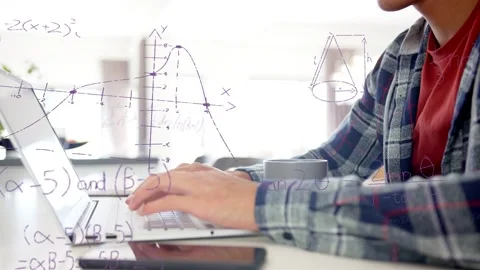 Student placing hands on keyboard, typing at laptop and revealing graphs and Stock Footage 333278549