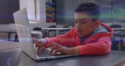 Student placing hands on keys and typing, binary charts growing, highlighting Video stock 328466933