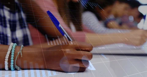 Student placing pen, writing notes for education while digital graphs and pie Stock Footage 312280896