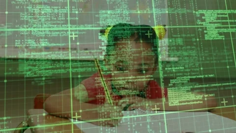 Student placing pencil writing code in classroom while green grid overlay Stock Footage 320089287