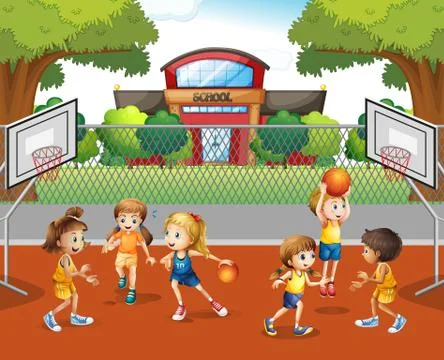 Student playing basketball at school Ilustración de archivo