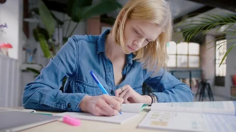 Student preparing for final exams doing homework exercises Handwriting summary Stock Footage 103285375
