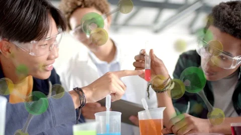 Student preparing pipette, comparing samples, peers noting tablet, molecule HUD Stock Footage 333494815