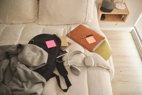Student preparing for study with backpack and gadgets Fotos de archivo