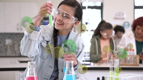 Student prepping flasks using dropper, data labels tracking green solution Stock Footage 333774636