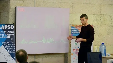 Student present the solution during Data Science Hackathon in Kiev, Ukraine. Video stock 71121838