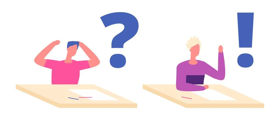 Student problem solution concept. Troubled man student at desk thinking with Stock Illustration