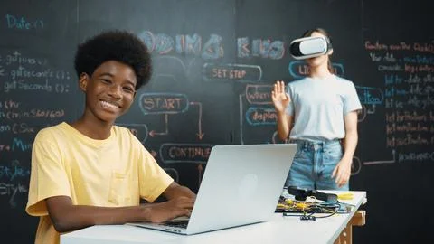 Student programing and coding system while girl enter in metaverse. Edification. 스톡 사진