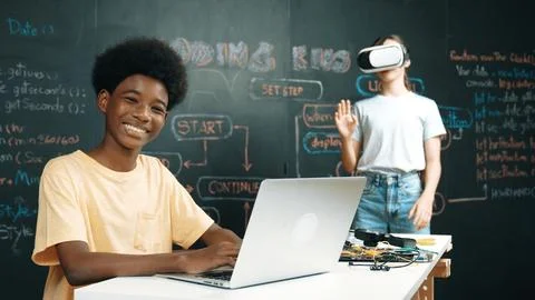 Student programing and coding system while girl enter in metaverse. Edification. Stock-Fotos