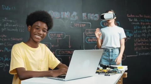 Student programming and coding system while girl enter in metaverse. Edification Stock Footage 267038179