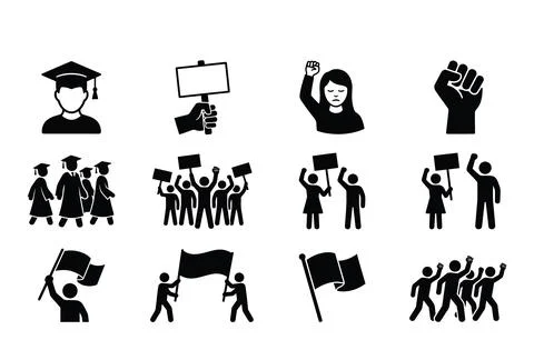 Student protest icons, people demonstrating with signs, flags, and raised f.. Stock Illustration