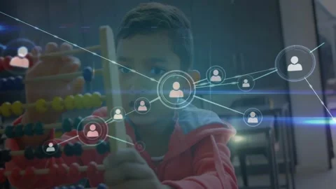 Student pushing abacus beads and causing learning network expanding with icons Stock Footage 333904662