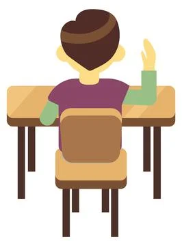 Student with raised hand back view. School boy answer Illustrazione stock