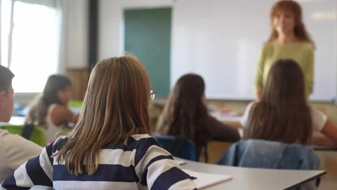 Student raising hand in class to answer teacher's question Stock Footage 345113413