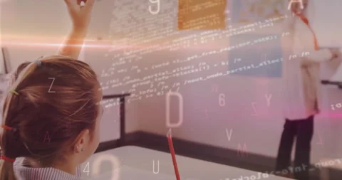 Student raising hand in class, teacher illustrating digital technology with Stock Footage 307946602