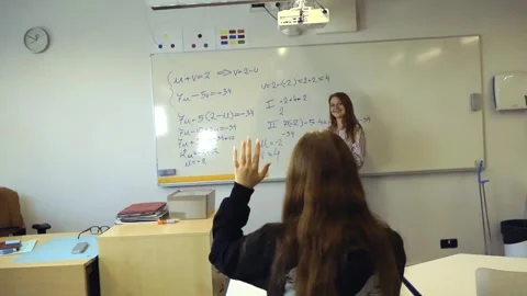 Student raising her hand asking a question during a math class Stock Footage 344104342