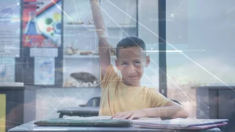 Student raising right hand in school after thinking, to answer, with AR nodes Stock Footage 334693925