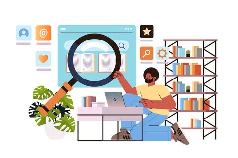 Student reading book on digital screen online research e-learning distance Stock Illustration