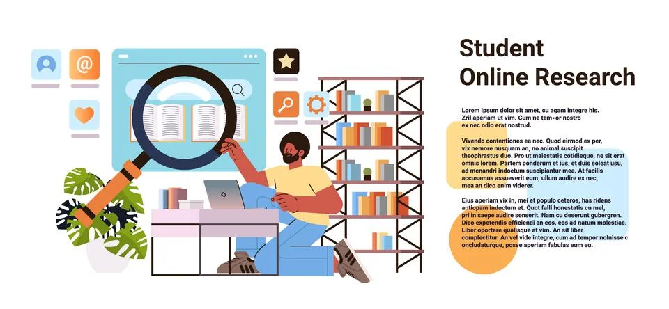 Student reading book on digital screen online research e-learning distance Stock Illustration