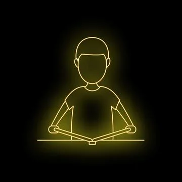Student reading book neon glowing yellow outline Stock Illustration