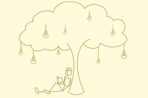 Student reading book under bulb tree Stock Illustration