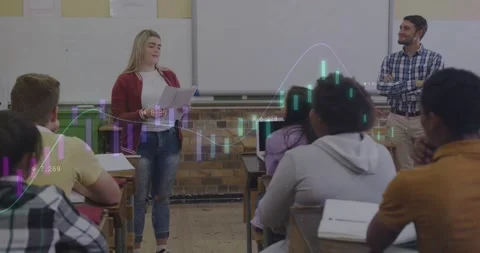Student reading notes in class, explaining finance as chart overlaying class, Stock Footage 330602068