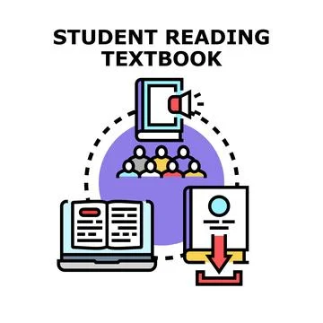 Student reading textbook accessing online education resources Stock Illustration