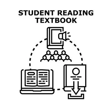Student reading textbook accessing online education resources Stock Illustration