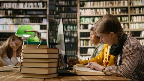 Student reading textbook and browsing computer at library study desk Stock Photos