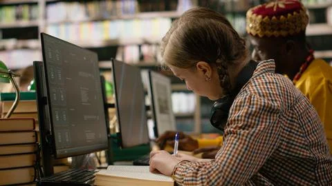 Student reading textbook and browsing computer at library study desk Stock Photos