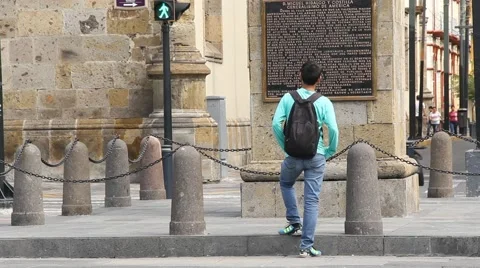 Student reads memorial plaque Stock Footage 41608084