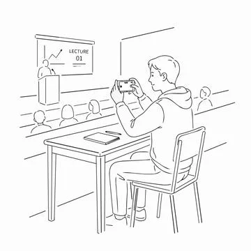 Student recording lecture with smartphone in classroom Silhouette Ilustración de archivo
