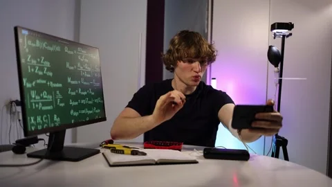 Student recording a tech blog while showing a glowing experimental chip Stock Footage 323271110