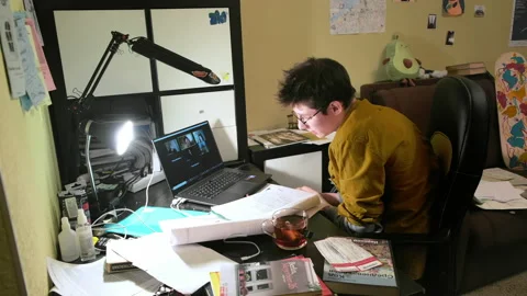 Student rehearsing a play via videoconference. Stock Footage 151786596
