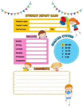 Student Report Card Template with Cute Cartoon Character Stock Illustration
