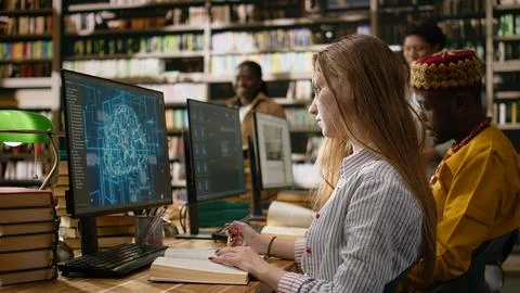 Student research AI brain visuals on desktop computer while reading books Stock Photos