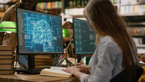 Student research AI brain visuals on desktop computer while reading books Stock Photos
