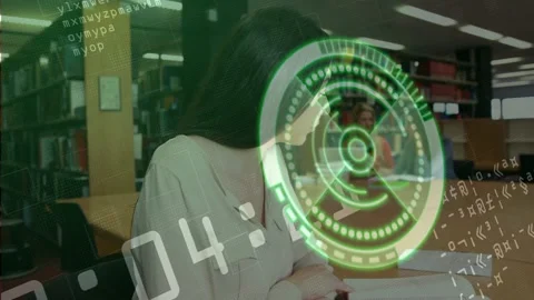 Student responding to rotating HUD countdown overlay over face, lifting head and Stock Footage 328469091