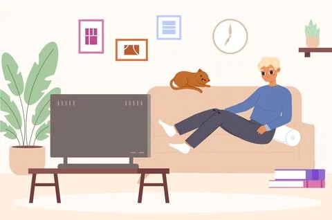Student rest on sofa and watch TV. Young man in living room, relaxing and Stock Illustration