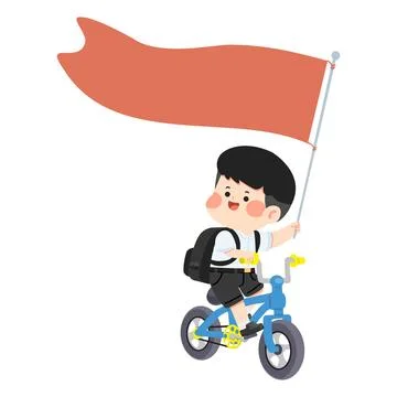 Student riding bicycle holding blank red banner for message Stock Illustration