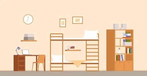 Student room interior. Dormitory or hostel furniture, living area for two Stock Illustration