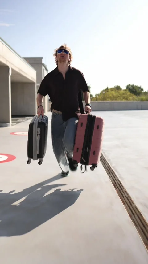 Student runs with suitcases toward a new city life and college opportunity Stock Footage 345994079