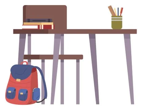 Student s school desk with stack of books and a pen holder in cartoon style Stock Illustration