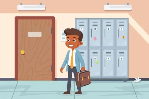 The student in the school corridor goes to the classroom. 스톡 일러스트
