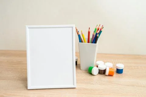 Student school frame mock up with colorful office supplies Back to school Stock Photos
